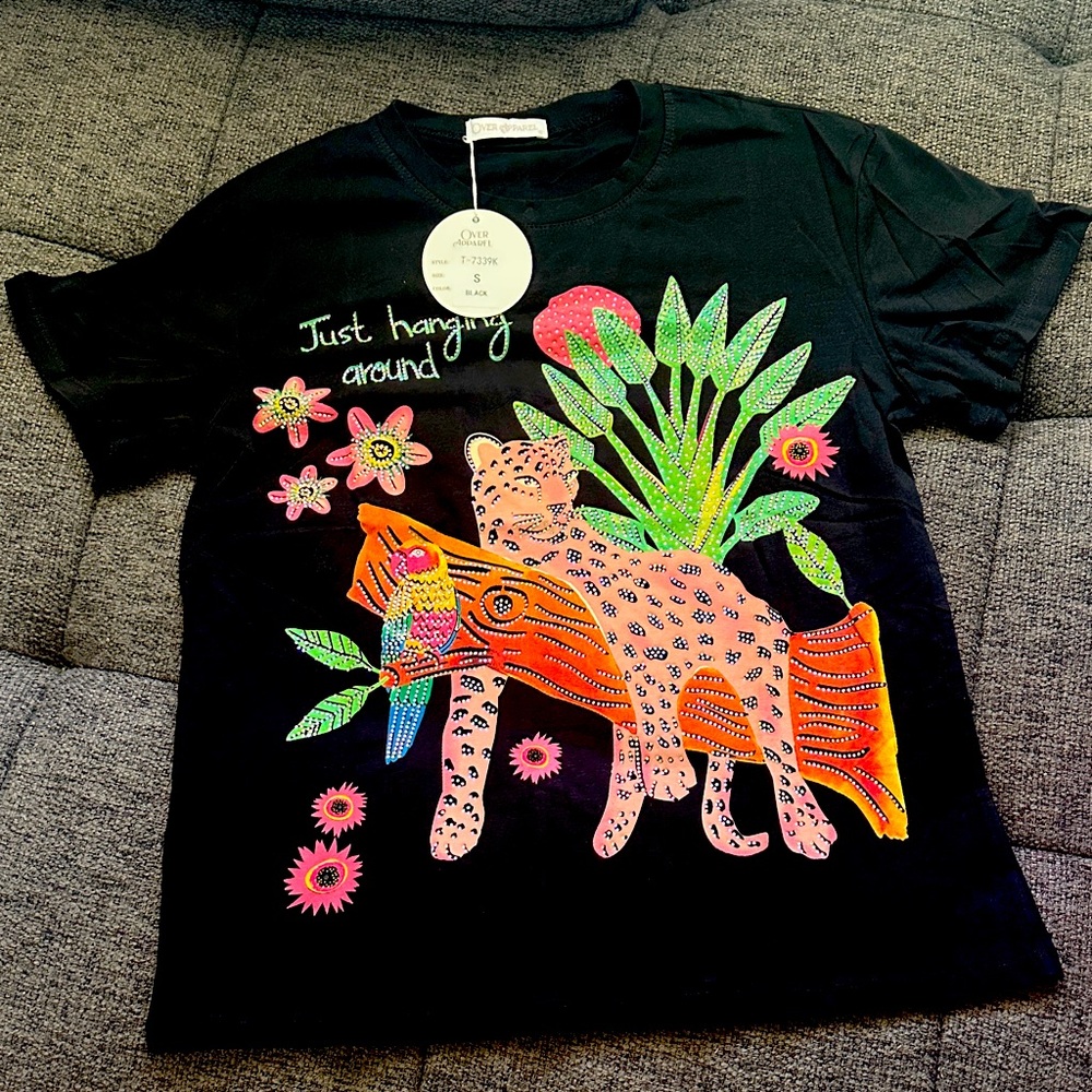 NWT Size Small Black T-Shirt with Colorful Animal Print